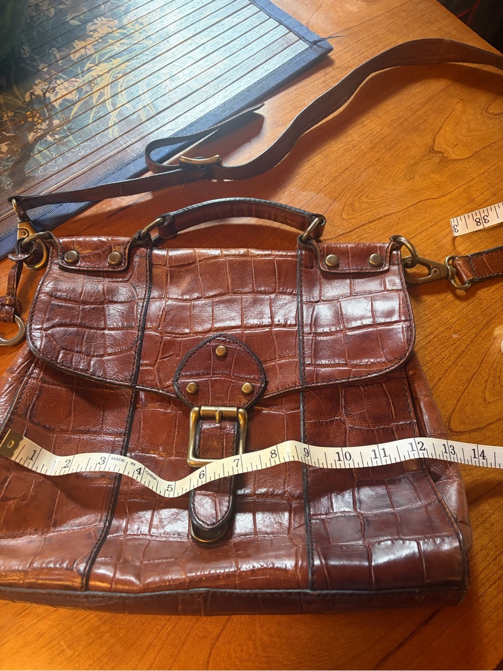 Croc-Embossed Leather Satchel Shoulder Bag in Rich Brown